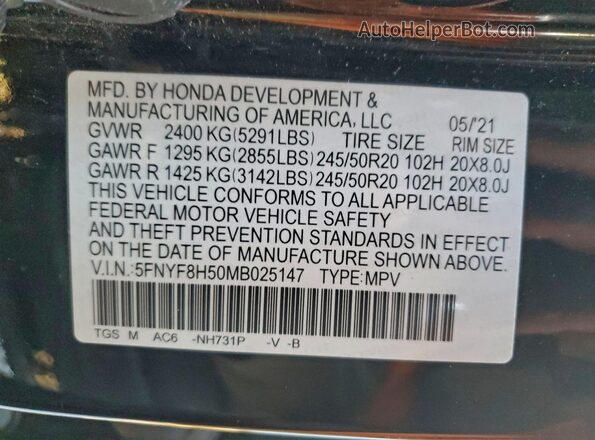 5FNYF8H50MB025147 2021 HONDA PASSPORT Black Widok naklejki z numerem VIN