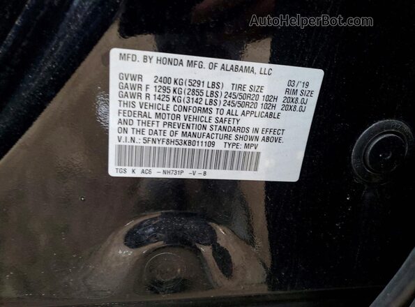 5FNYF8H53KB011109 2019 HONDA PASSPORT Черный Вид наклейки с VIN-кодом