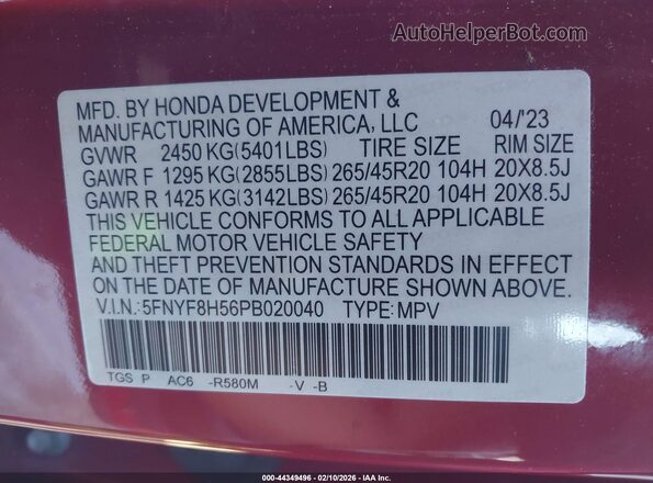 5FNYF8H56PB020040 2023 HONDA PASSPORT Красный Вид подкапотного пространства
