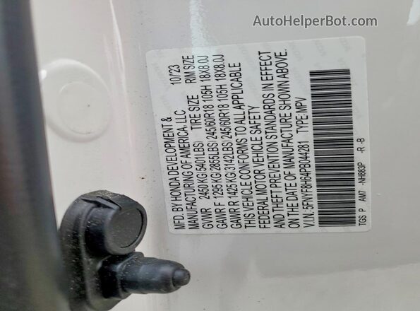 5FNYF8H64PB044281 2023 HONDA PASSPORT Белый Вид наклейки с VIN-кодом