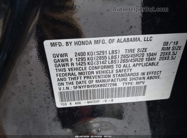5FNYF8H95KB027296 2019 HONDA PASSPORT Черный Вид подкапотного пространства