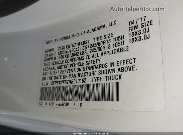 5FPYK2F67HB010162 2017 HONDA RIDGELINE Белый Вид подкапотного пространства