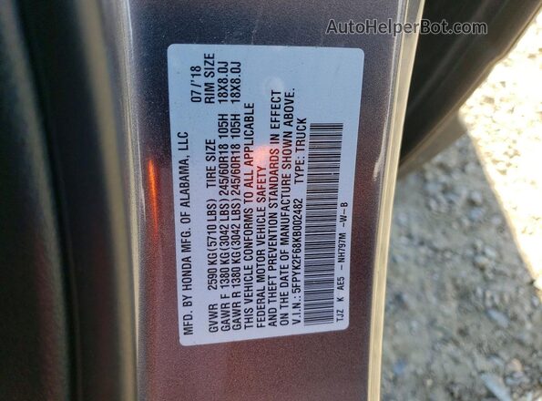5FPYK2F68KB002482 2019 HONDA RIDGELINE Gray Widok komory silnika