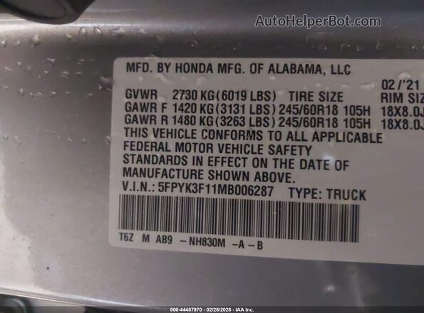 5FPYK3F11MB006287 2021 HONDA RIDGELINE Серебряный Вид подкапотного пространства