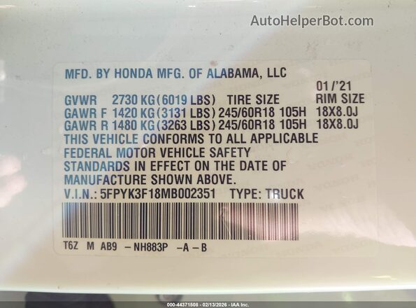 5FPYK3F18MB002351 2021 HONDA RIDGELINE Белый Вид подкапотного пространства