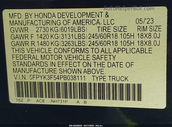 5FPYK3F54PB038111 2023 HONDA RIDGELINE Black Widok komory silnika