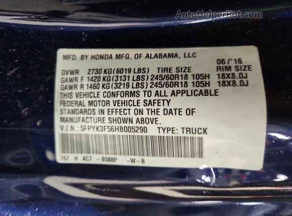 5FPYK3F56HB005290 2017 HONDA RIDGELINE Blue Vista del compartimento del motor