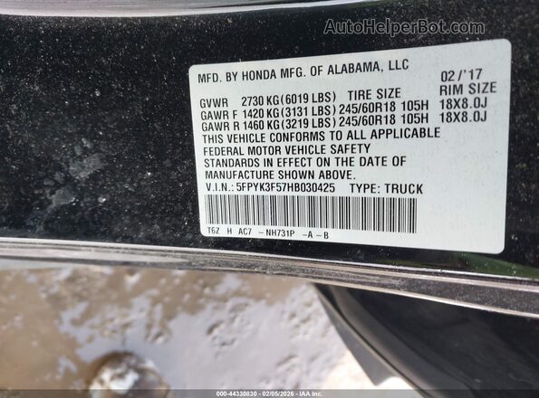 5FPYK3F57HB030425 2017 HONDA RIDGELINE Черный Вид подкапотного пространства