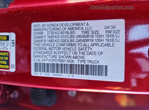 5FPYK3F57RB013626 2024 HONDA RIDGELINE Красный Вид подкапотного пространства