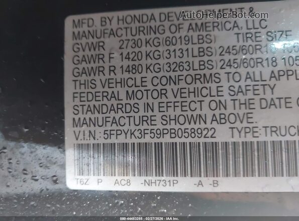 5FPYK3F59PB058922 2023 HONDA RIDGELINE Black Widok komory silnika