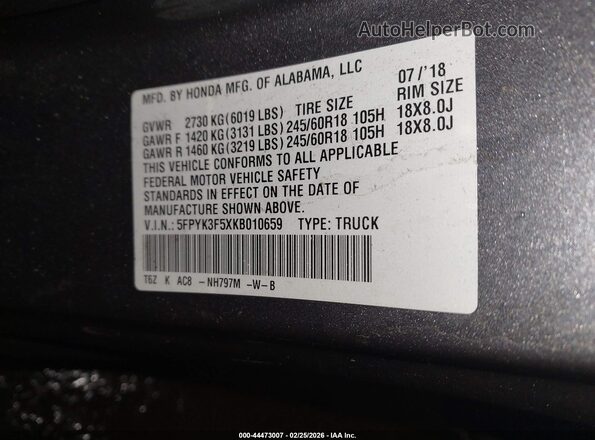 5FPYK3F5XKB010659 2019 HONDA RIDGELINE Gray Widok komory silnika