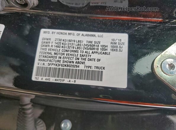 5FPYK3F63KB020264 2019 HONDA RIDGELINE Black Vista de la etiqueta del VIN