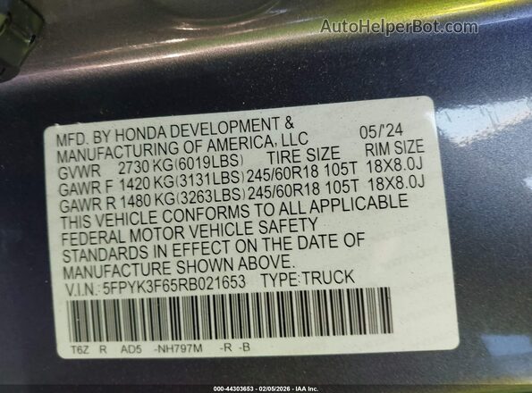 5FPYK3F65RB021653 2024 HONDA RIDGELINE Gray Widok komory silnika