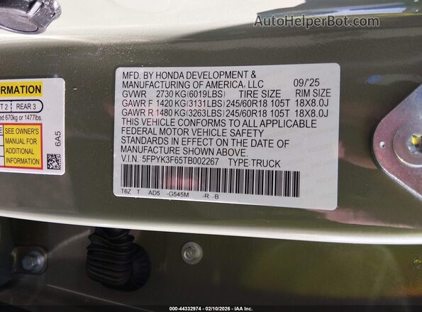 5FPYK3F65TB002267 2026 HONDA RIDGELINE Green Widok komory silnika
