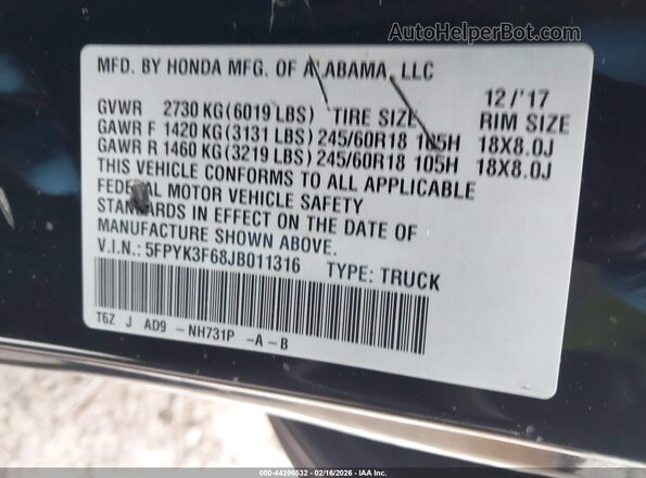 5FPYK3F68JB011316 2018 HONDA RIDGELINE Черный Вид подкапотного пространства