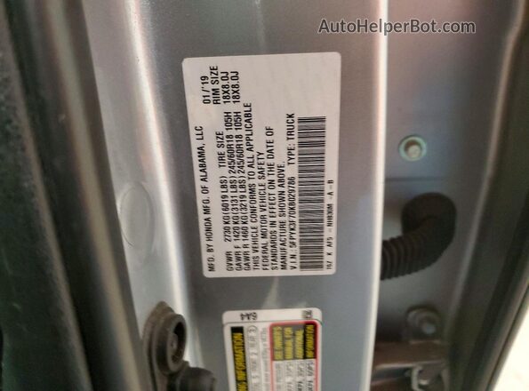 5FPYK3F70KB029786 2019 HONDA RIDGELINE Silver Widok naklejki z numerem VIN