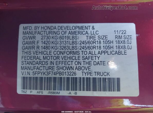 5FPYK3F74PB013226 2023 HONDA RIDGELINE Красный Вид подкапотного пространства