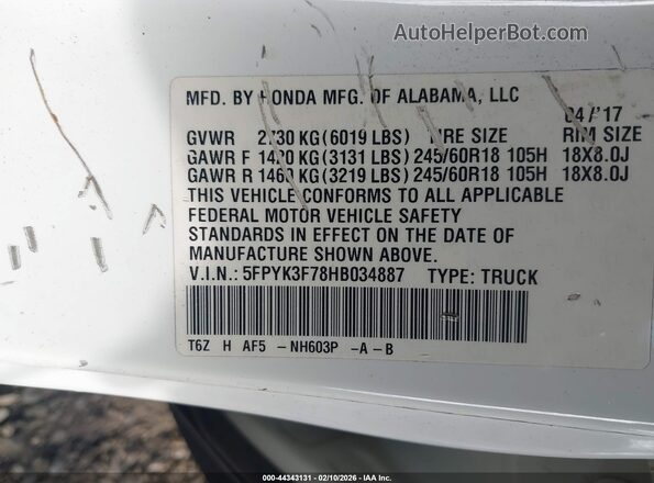 5FPYK3F78HB034887 2017 HONDA RIDGELINE White ძრავის განყოფილების ხედი