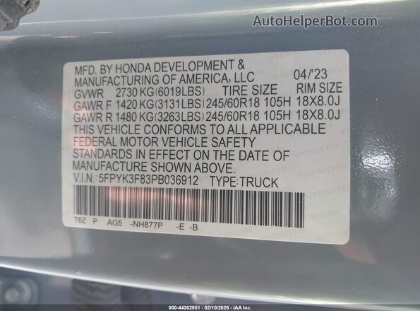 5FPYK3F83PB036912 2023 HONDA RIDGELINE Синий Вид подкапотного пространства