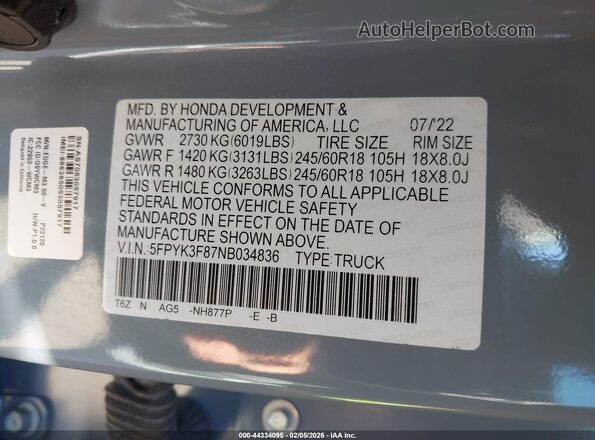 5FPYK3F87NB034836 2022 HONDA RIDGELINE Light Blue Вид подкапотного пространства