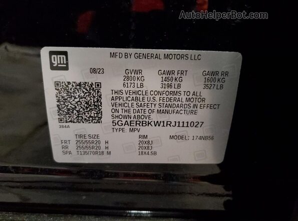 5GAERBKW1RJ111027 2024 BUICK ENCLAVE Черный Вид наклейки с VIN-кодом