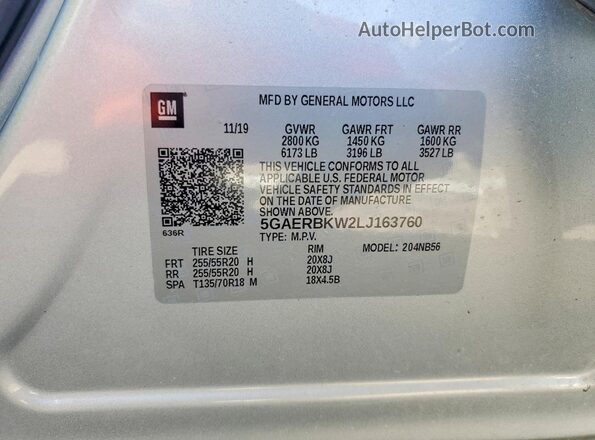 5GAERBKW2LJ163760 2020 BUICK ENCLAVE Серебряный Вид наклейки с VIN-кодом