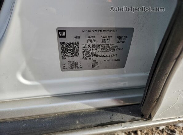 5GAERCKW5NJ164345 2022 BUICK ENCLAVE White Widok naklejki z numerem VIN