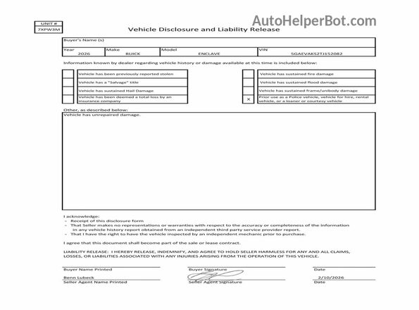 5GAEVAKS2TJ152082 2026 BUICK ENCLAVE Белый Вид наклейки с VIN-кодом