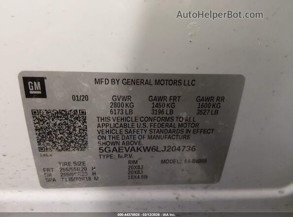 5GAEVAKW6LJ204736 2020 BUICK ENCLAVE White ძრავის განყოფილების ხედი
