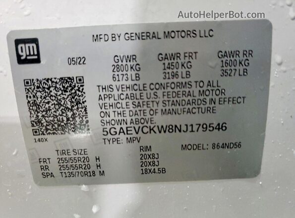 5GAEVCKW8NJ179546 2022 BUICK ENCLAVE White Вид наклейки з VIN-кодом