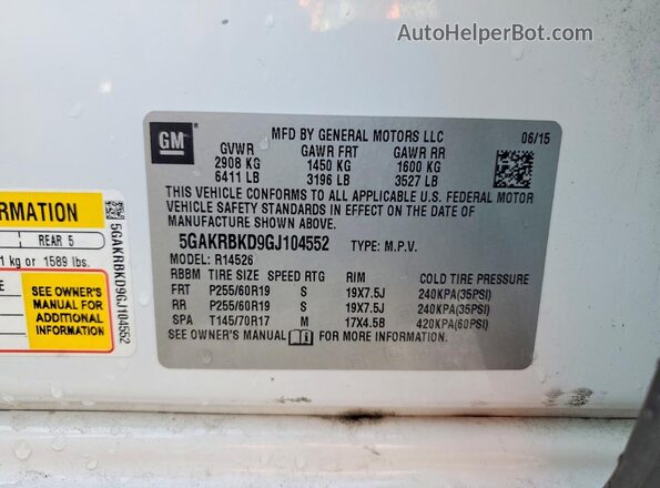 5GAKRBKD9GJ104552 2016 BUICK ENCLAVE Белый Панорамный вид салона 360°