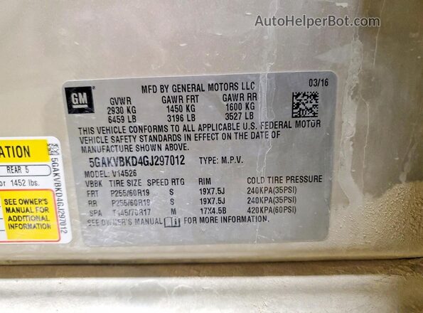 5GAKVBKD4GJ297012 2016 BUICK ENCLAVE Beige Widok naklejki z numerem VIN