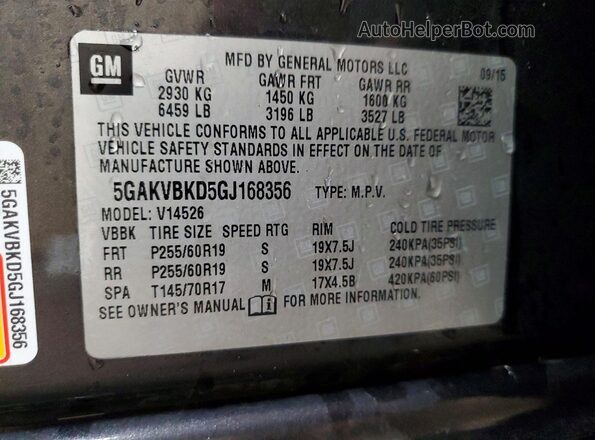 5GAKVBKD5GJ168356 2016 BUICK ENCLAVE Угольный Вид наклейки с VIN-кодом