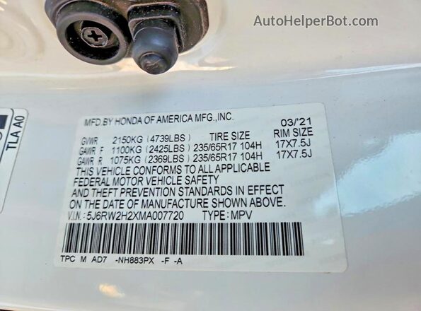 5J6RW2H2XMA007720 2021 HONDA CR-V Белый Вид наклейки с VIN-кодом