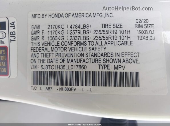 5J8TC1H35LL017860 2020 ACURA RDX Белый Вид подкапотного пространства