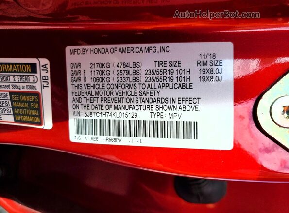 5J8TC1H74KL015129 2019 ACURA RDX Red Widok komory silnika