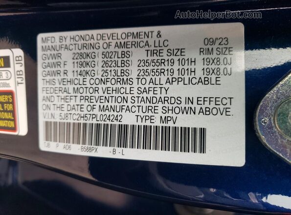 5J8TC2H57PL024242 2023 ACURA RDX Blue Widok naklejki z numerem VIN