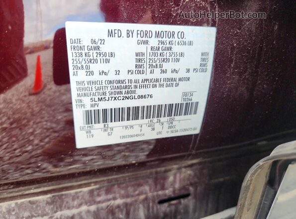 5LM5J7XC2NGL08676 2022 LINCOLN AVIATOR Бордовый Вид наклейки с VIN-кодом