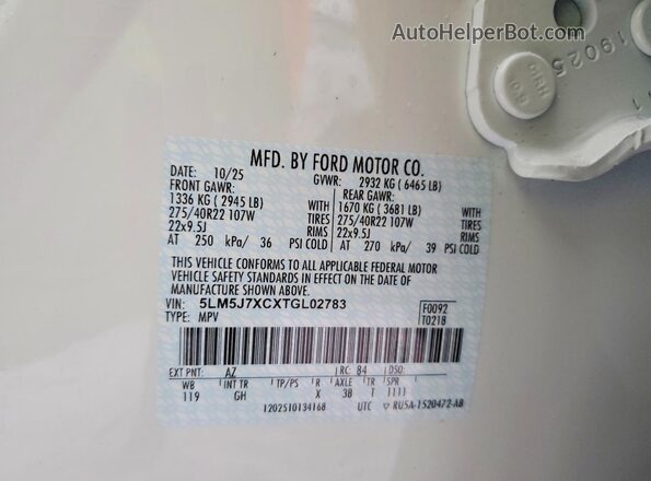 5LM5J7XCXTGL02783 2026 LINCOLN AVIATOR Белый Вид наклейки с VIN-кодом