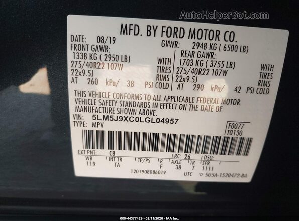 5LM5J9XC0LGL04957 2020 LINCOLN AVIATOR Черный Вид подкапотного пространства