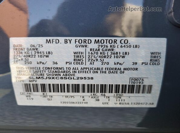 5LM5J9XC8SGL29538 2025 LINCOLN AVIATOR Синий Вид наклейки с VIN-кодом
