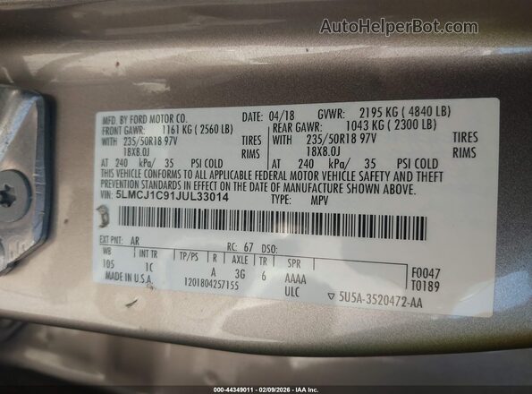 5LMCJ1C91JUL33014 2018 LINCOLN MKC Tan Widok komory silnika