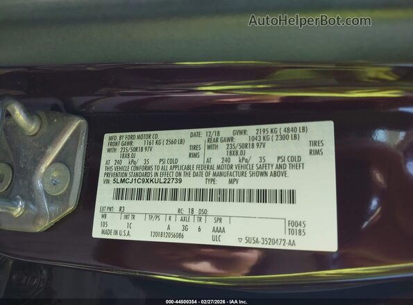 5LMCJ1C9XKUL22739 2019 LINCOLN MKC Темно-бордовый Вид подкапотного пространства
