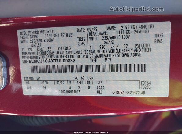 5LMCJ1CAXTUL00882 2026 LINCOLN CORSAIR Красный Вид подкапотного пространства