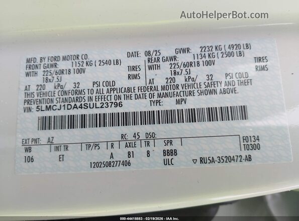 5LMCJ1DA4SUL23796 2025 LINCOLN CORSAIR Белый Вид подкапотного пространства