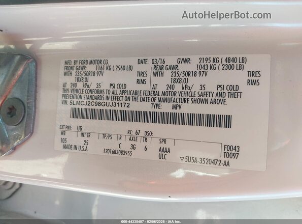 5LMCJ2C98GUJ31172 2016 LINCOLN MKC Белый Вид подкапотного пространства