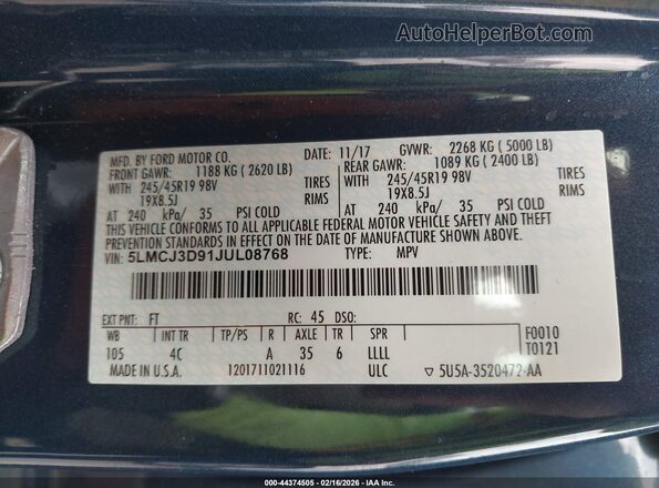 5LMCJ3D91JUL08768 2018 LINCOLN MKC Синий Вид подкапотного пространства