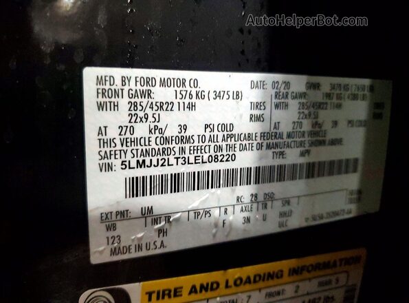 5LMJJ2LT3LEL08220 2020 LINCOLN NAVIGATOR Black Widok naklejki z numerem VIN