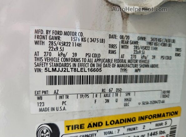 5LMJJ2LT8LEL16605 2020 LINCOLN NAVIGATOR Белый Вид наклейки с VIN-кодом