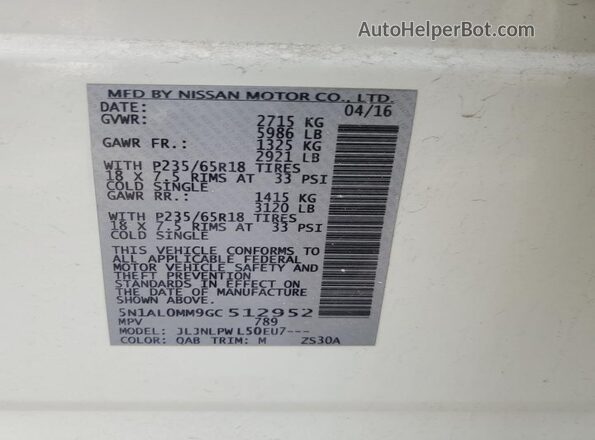 5N1AL0MM9GC512952 2016 INFINITI QX60 White Widok wnętrza 360 stopni